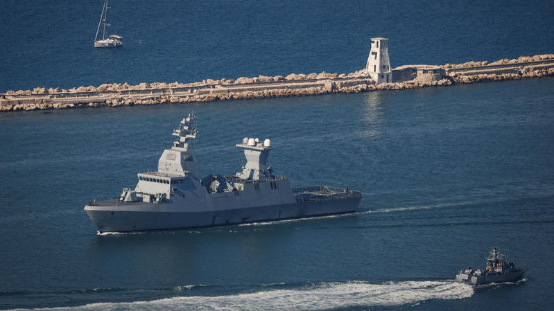 An Israeli navy war ship patrol off the coast of Haifa, on August 1, 2024. Photo by Chaim Goldberg/Flash90
