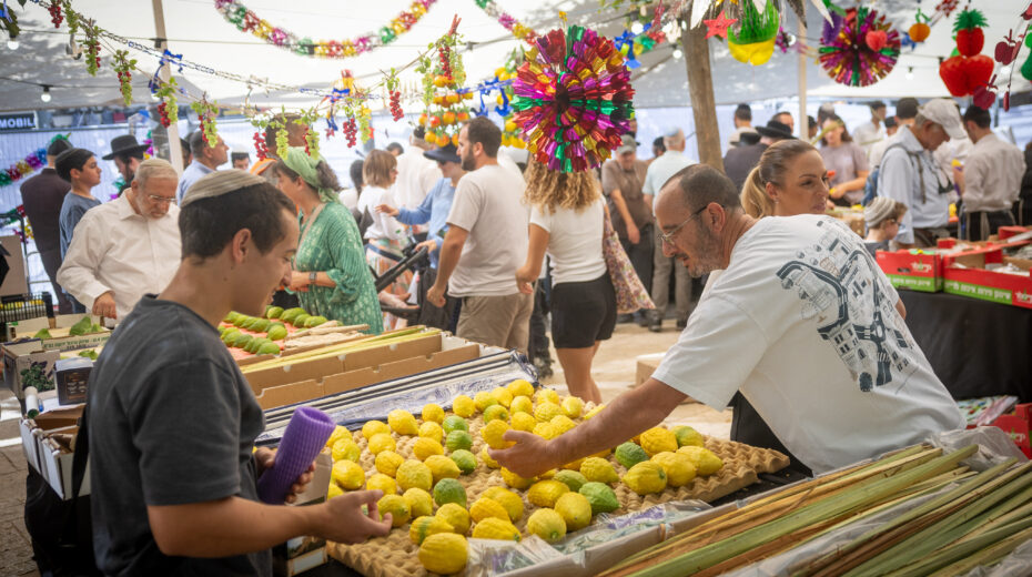 A man carefully examines an etrog at a market for the "four species" before Sukkot in Jerusalem, October 3, 2025. Photo: Chaim Goldberg / Flash90