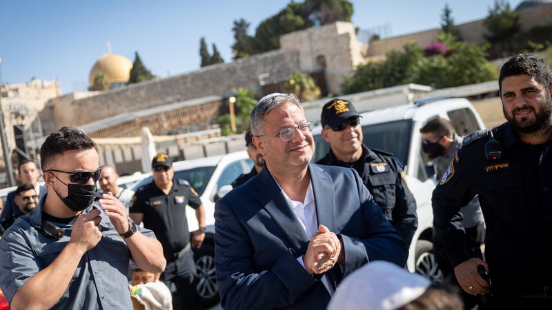 Israeli minister of National Security Itamar Ben Gvir seen at the entrance to the Temple Mount, before entering, in Jerusalem's Old City. October 08, 2025. Photo by Chaim Goldberg/FLASH90