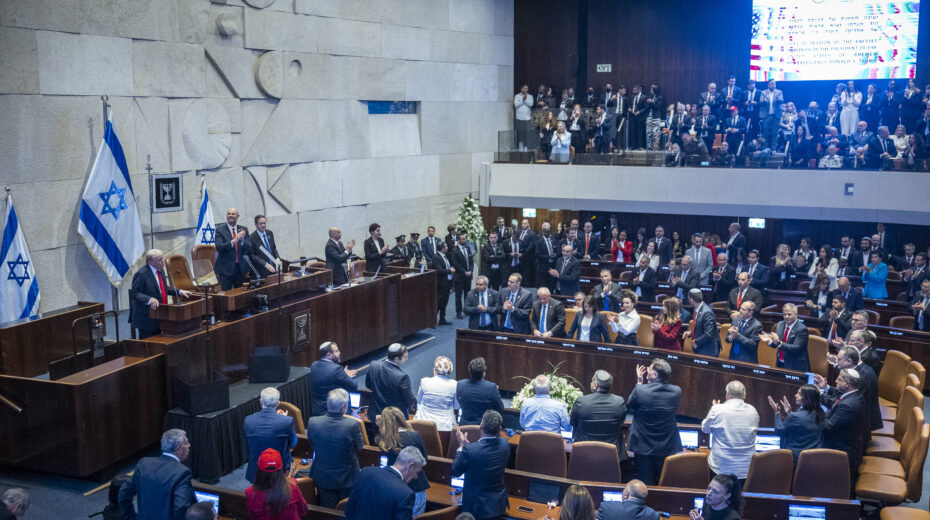 US President Donald Trump speaks during a special session of the Knesset, the Israeli parliament in Jerusalem, held in his honor, on October 13, 2025. Photo: Yonatan Sindel/Flash90