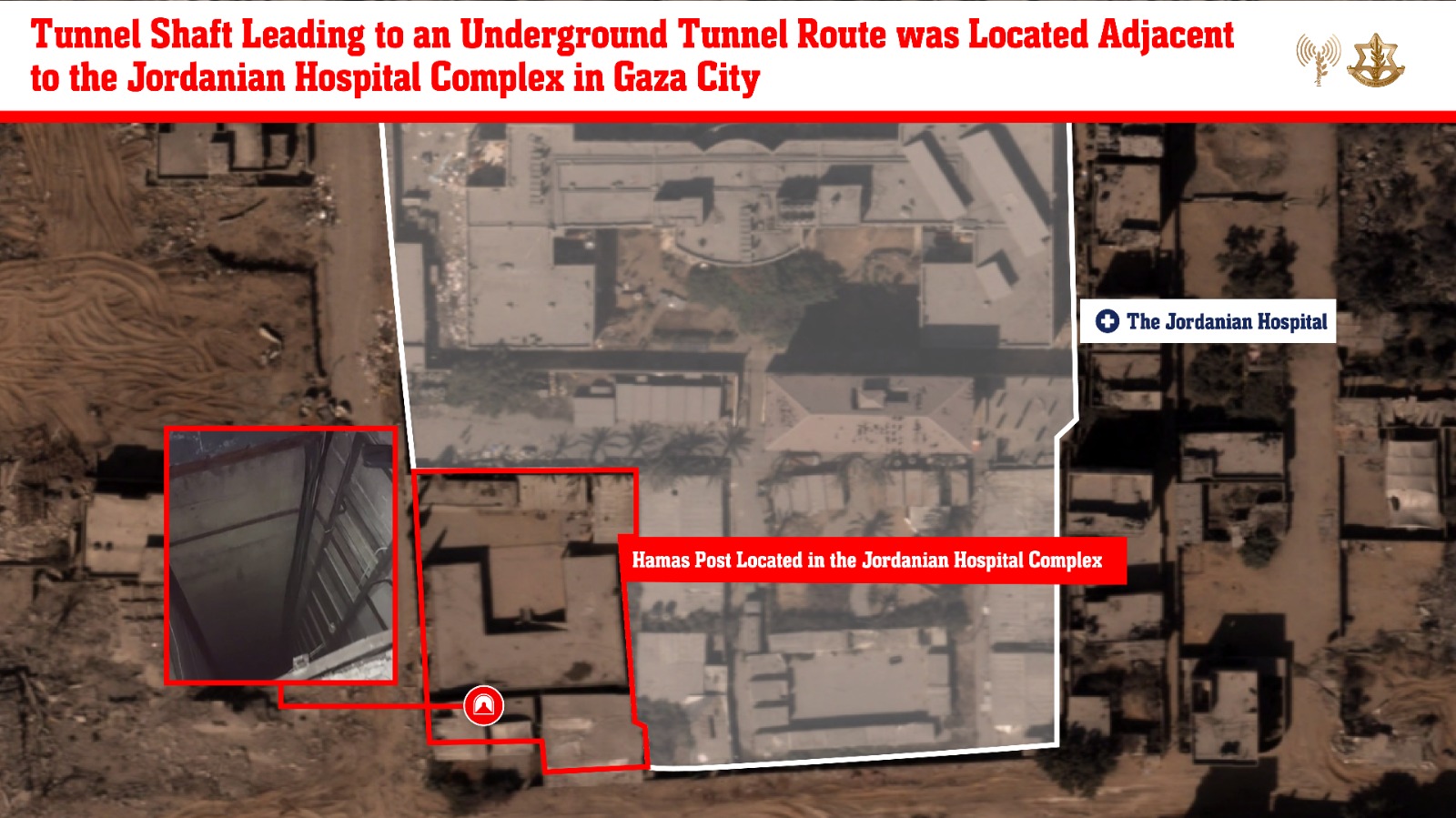 Infographic showing the location of a Hamas tunnel entrance and underground weapons workshop advance to the Jordanian Hospital in Gaza City. Credit: IDF Spokesperson