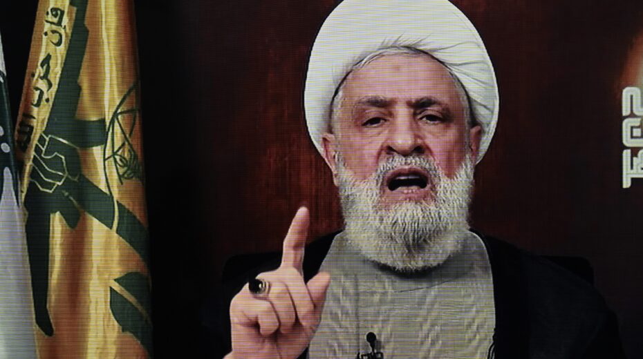 Hezbollah leader Sheikh Naim Qassem delivers a televised address in Beirut, Lebanon. Photo: EPA/WAEL HAMZEH