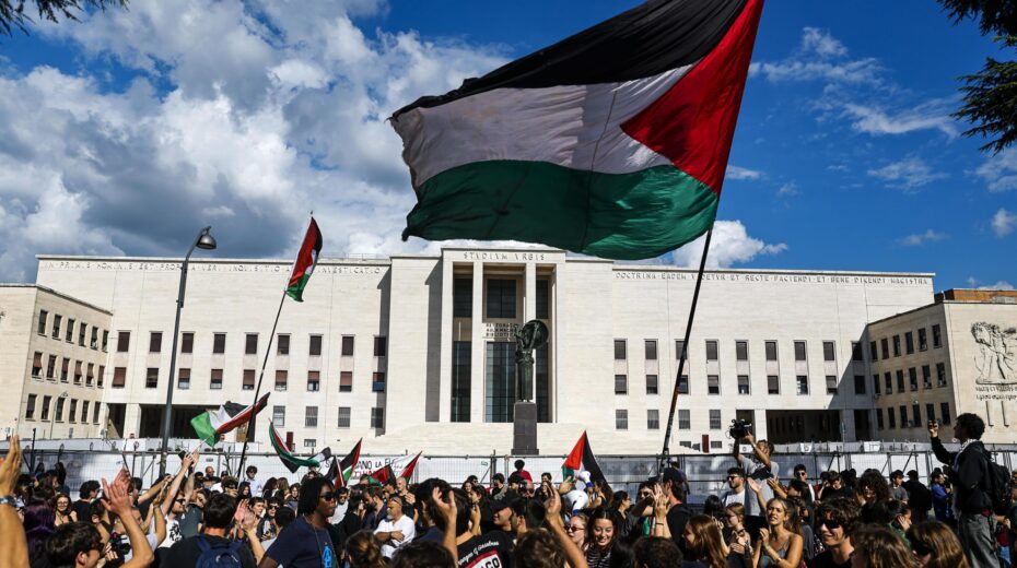 Students demonstrate with Palestinian flags on the campus of La Sapienza University in Rome – an example of the growing protests at European universities as part of the academic boycott against Israel. Photo: EPA/Angelo Carconi
