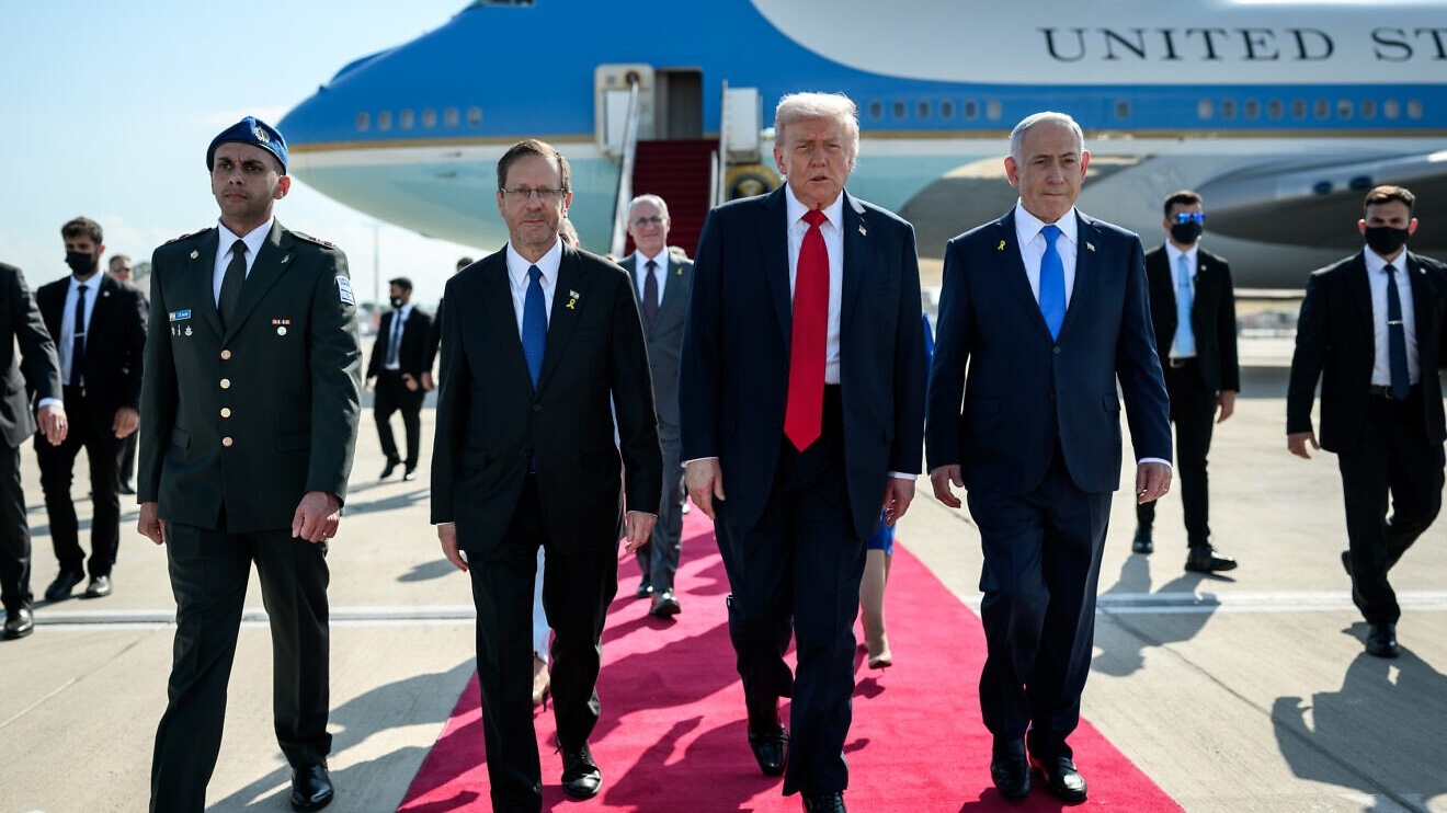 US President Donald Trump is greeted by Israeli Prime Minister Benjamin Netanyahu and Israeli President Isaac Herzog after disembarking Air Force One at Ben Gurion International Airport in Israel, Oct. 13, 2025. Credit: Daniel Torok/White House.