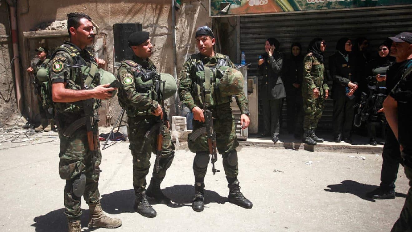 Palestinian Authority police officers on duty during a visit by P.A. head Mahmoud Abbas to Jenin on July 12, 2023. Photo by Nasser Ishtayeh/Flash90.