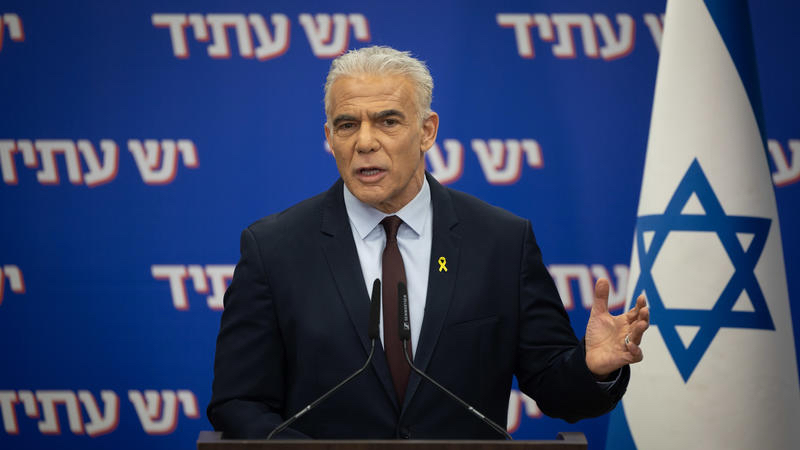 Head of opposition and head of the Yesh Atid party MK Yair Lapid leads a faction meeting at the Knesset, the Israeli parliament in Jerusalem, on November 3, 2025. Photo by Oren Ben Hakoon/Flash90