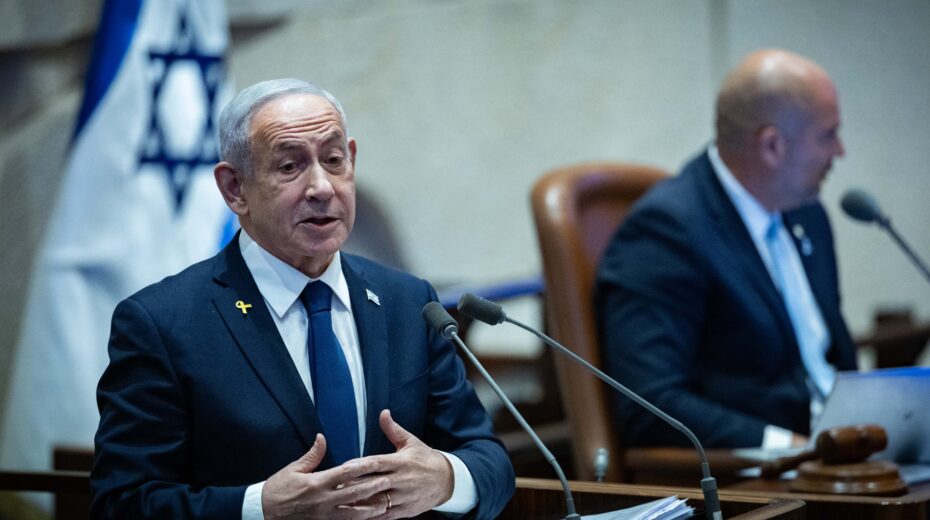 Israeli Prime Minister Benjamin Netanyahu speaks during a debate on 40 signatures in the plenary hall of the Knesset, the Israeli parliament in Jerusalem, on November 10, 2025. Photo: Yonatan Sindel/Flash90