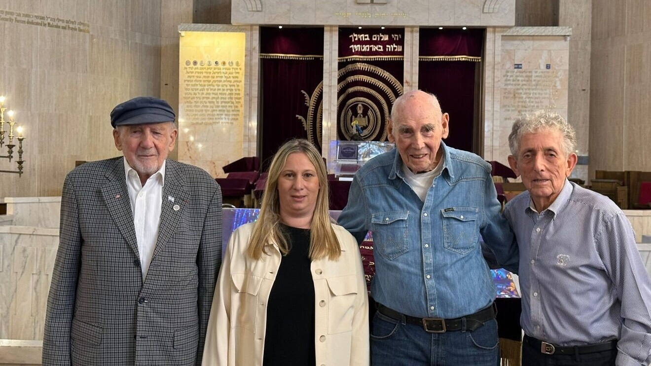 (Left to right): Walter Bingham, Revital Yakin Krakovsky, CEO of March of the Living Israel, George Shefi and Paul Alexander outside the Great Synagogue in Jerusalem, Nov. 9, 2025. Credit: March of the Living.