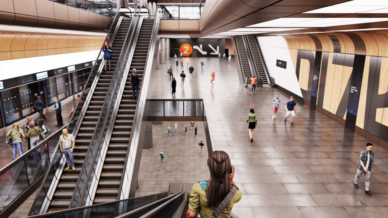 A rendering of a future underground station in the Tel Aviv Metro subway system. Credit: NTA Metropolitan Mass Transit System.