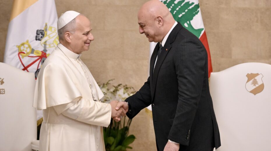 Pope Leo XIV (left) during a courtesy visit with Lebanese President Joseph Aoun (right) and his family at the Presidential Palace in Beirut, Lebanon, on November 30, 2025. Pope Leo XIV is on his first apostolic journey outside Italy since his election as pontiff. He visited Turkey from November 27 and will continue his journey in Lebanon from November 30 to December 2. EPA/ALESSANDRO DI MEO / POOL