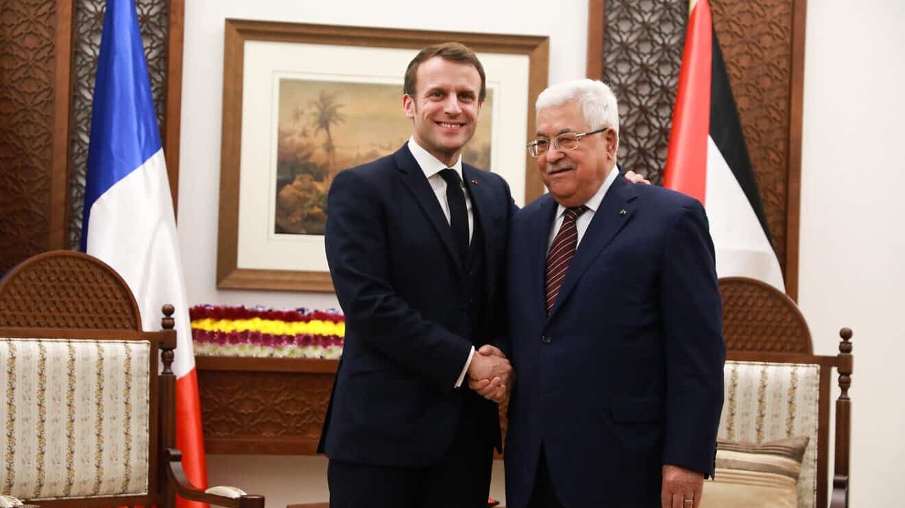 Palestinian Authority leader Mahmoud Abbas hosts French President Emmanuel Macron in Ramallah, Samaria, on Jan. 22, 2020. Photo by STR via Flash90.
