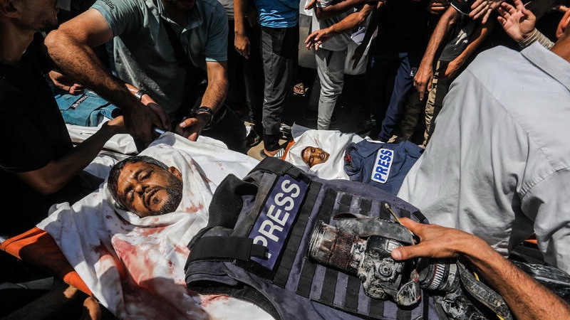 Palestinians bid farewell to Palestinian 'journalist' killed in an Israeli airstrike outside the Nasser Hospital in Khan Yunis, in the southern Gaza Strip, August 25, 2025. Photo by Abed Rahim Khatib/Flash90