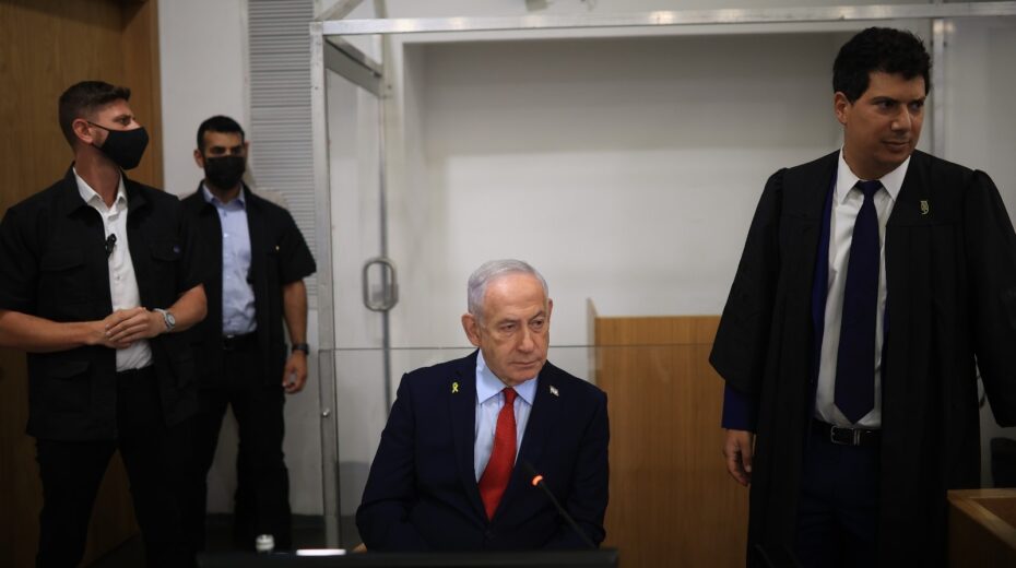 Prime Minister Benjamin Netanyahu in the courtroom of the Tel Aviv District Court before the start of his testimony in his trial on September 17, 2025. Photo: Itai Ron/POOL.