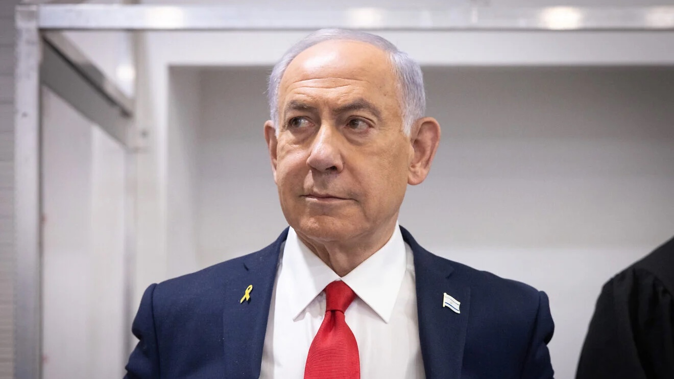 Israeli Prime Minister Benjamin Netanyahu in the Tel Aviv District Court, before the start of his testimony in the trial against him, Oct. 28, 2025. Photo by Miriam Alster/Flash90.
