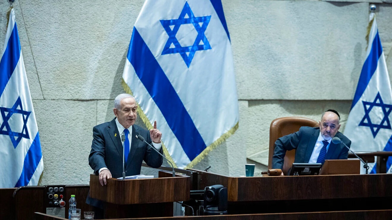 Israeli Prime Minister Benjamin Netanyahu speaks in the plenum hall of the Knesset, the Israeli parliament in Jerusalem, Dec. 8, 2025. Photo by Chaim Goldberg/Flash90.