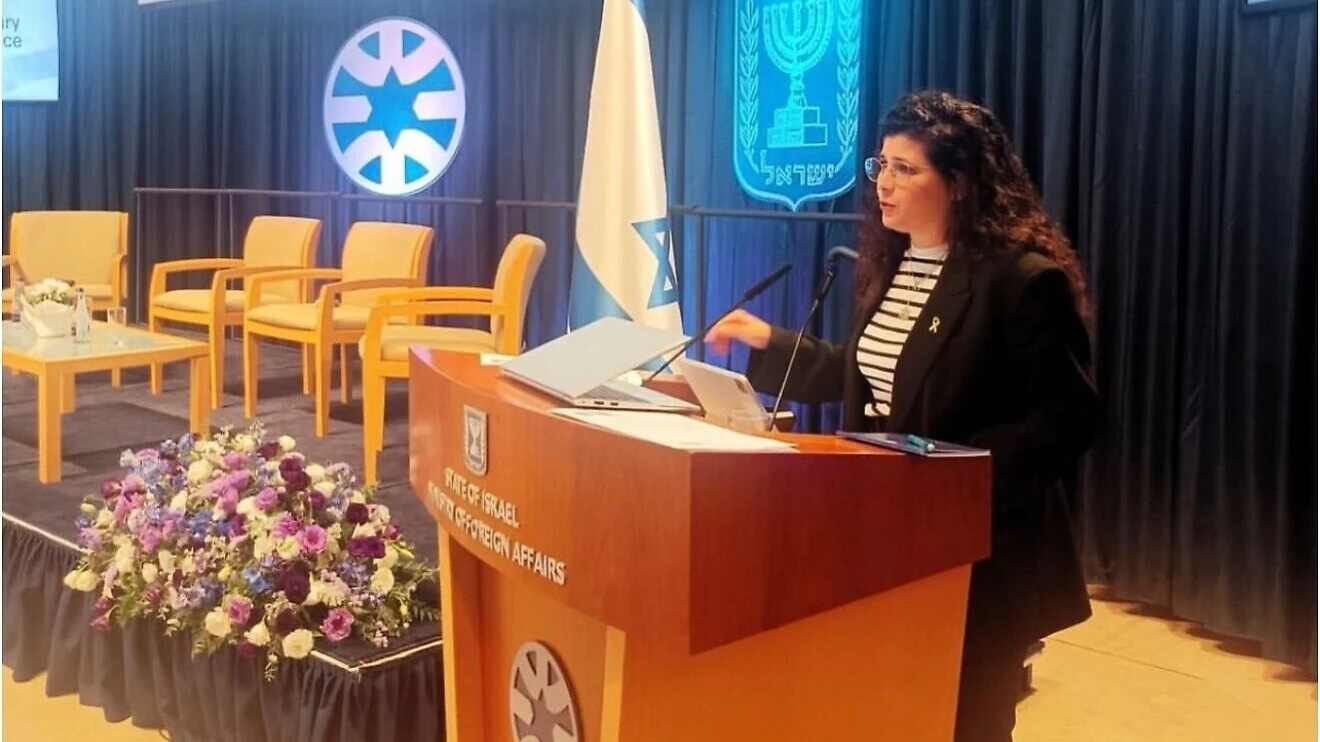 Israeli Deputy Foreign Minister Sharren Haskel speaking at a Holocaust conference in Jerusalem, Dec. 14, 2025. Credit: Courtesy of the Israeli Ministry of Foreign Affairs.