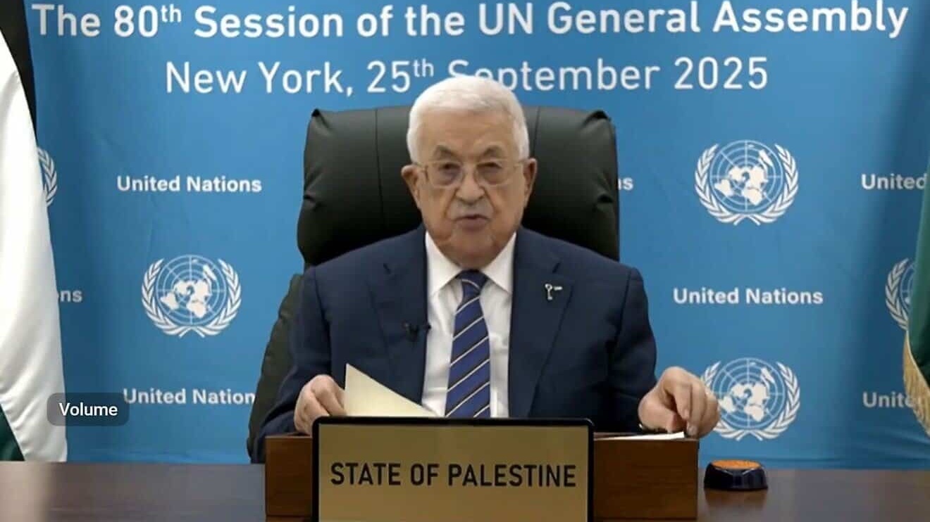 Mahmoud Abbas, head of the Palestinian Authority, addresses the U.N. General Assembly by video on Sept. 25, 2025. Source: United Nations/YouTube.