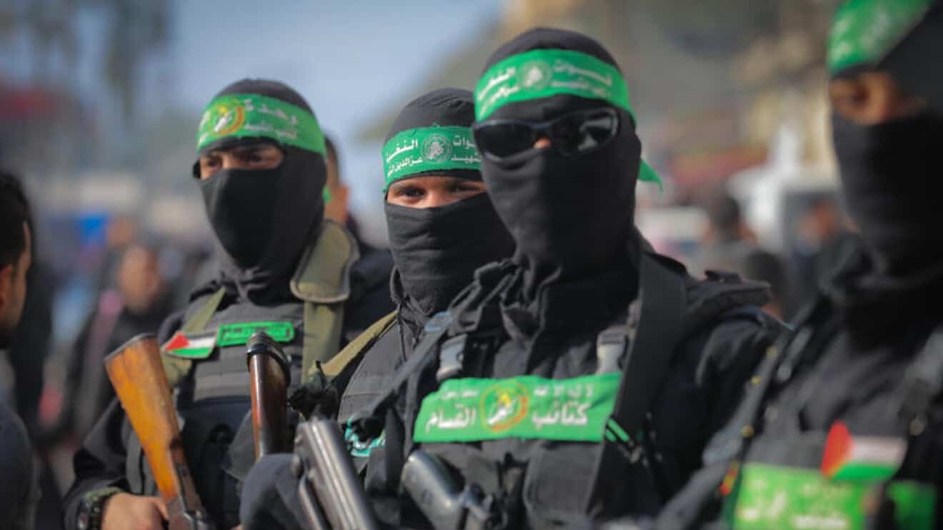 Members of Hamas’s Al-Qassam Brigades at the funeral procession for Hamas military council member Ghazi Abu Tamaa in Deir al-Balah, the central Gaza Strip, Feb. 4, 2025. Photo by Ali Hassan/Flash90.