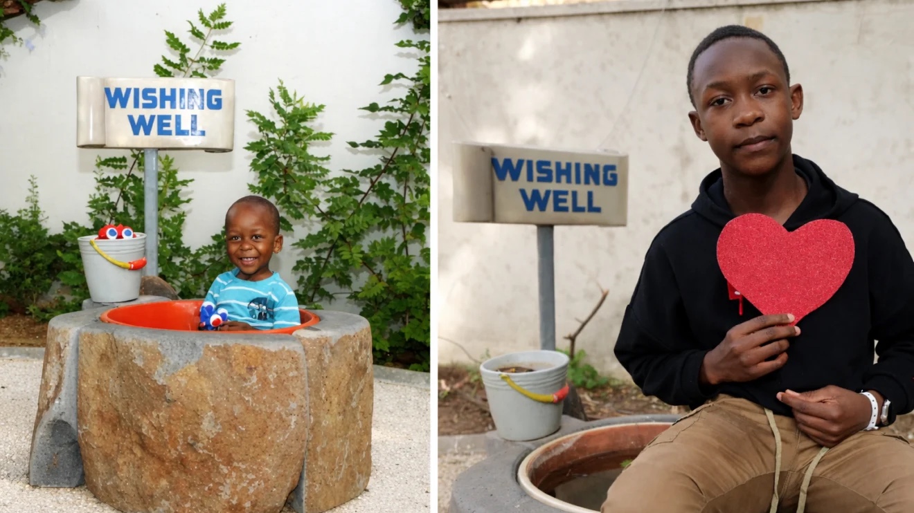 Takudzwa Chitima at Save a Child’s Heart (SACH) in 2012 and again in 2026, photographed at the same spot by the wishing well in the grounds of Wolfson Medical Center in Holon. Credit: SACH.