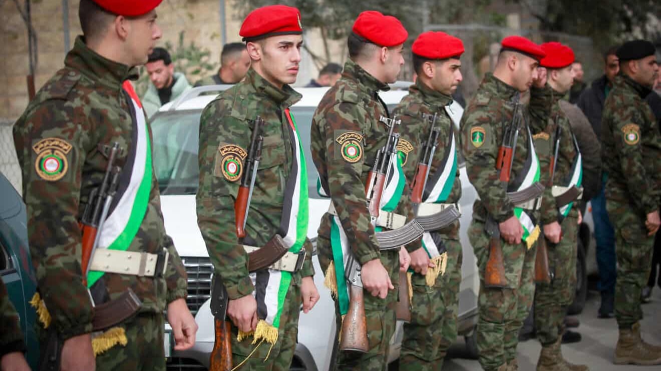 Palestinian Authority security personnel at the funeral of Ibrahim Jumaa, a member of the P.A. Preventive Security Service, in Nablus, on Dec. 27, 2024. Photo by Nasser Ishtayeh/Flash90.