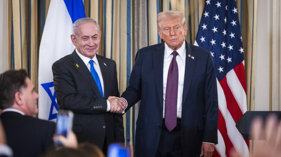 US President Donald Trump and Israeli Prime Minister Benjamin Netanyahu at a joint press conference in the White House. The strategic alliance between the two countries is at the heart of the America First debate. Photo: EPA/Jim Lo Scalzo/POOL.
