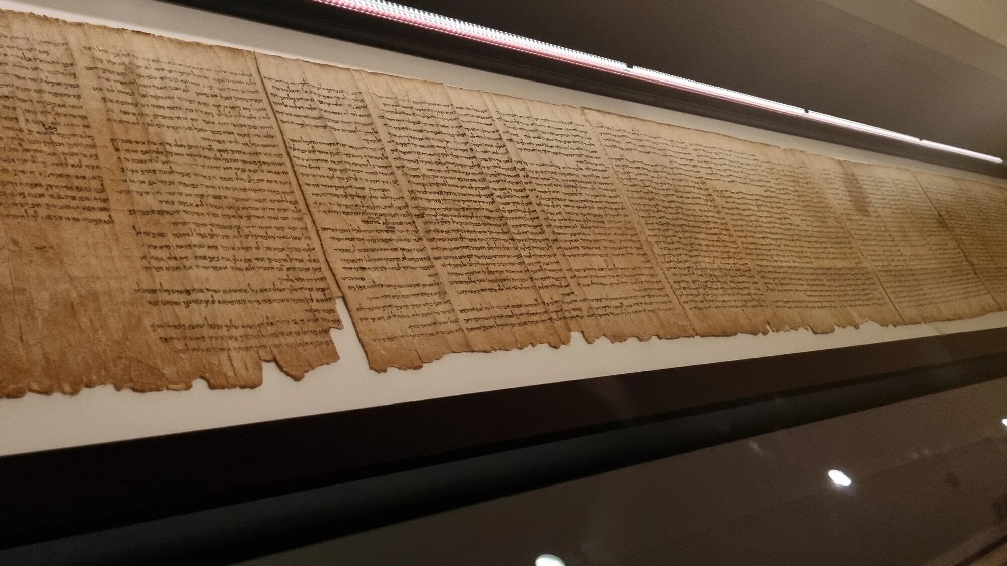 A view of the Great Isaiah Scroll on display at the Israel Museum in Jerusalem, Feb. 26, 2026. Photo by Sharon Altshul.