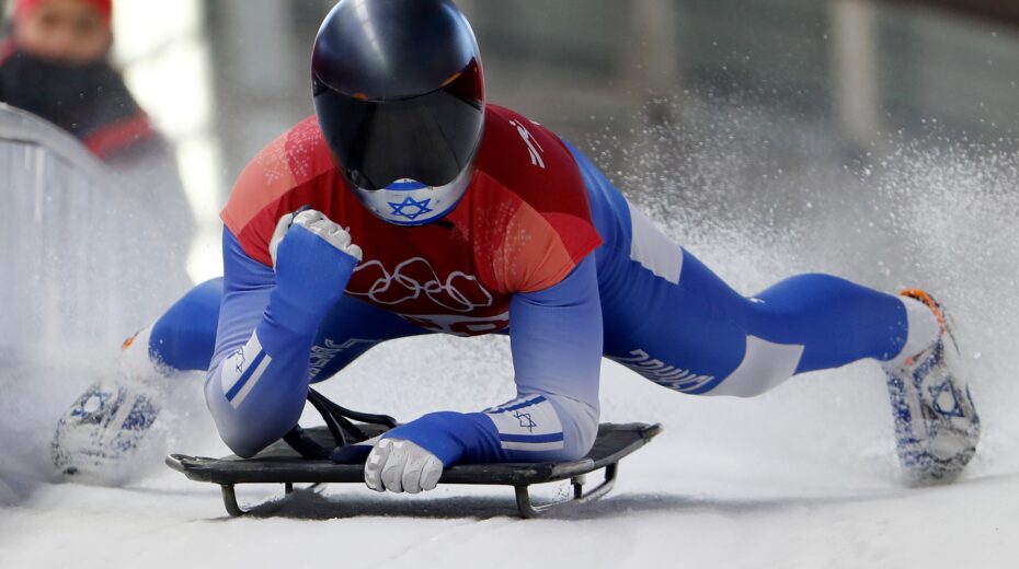 Adam Edelman of Israel reaches the finish area during the second run of the men's skeleton event at the Olympic Sliding Centre during the 2018 Winter Olympics in PyeongChang, South Korea, on February 15, 2018. Photo: EPA/Diego Azubel