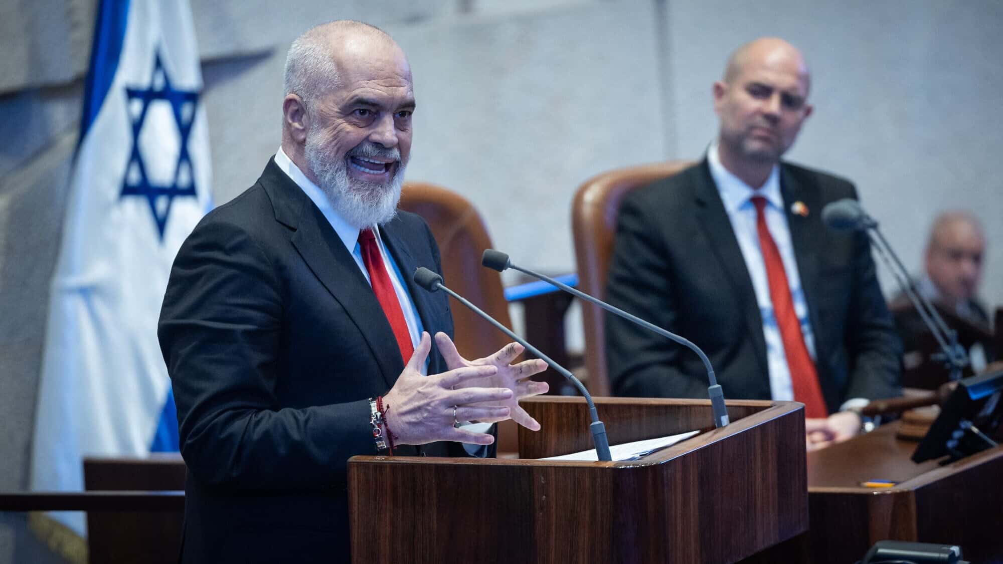 Albanian Prime Minister Edi Rama speaking during a plenum session held in his honor at the Knesset in Jerusalem, Jan. 26, 2026. Photo by Yonatan Sindel/Flash90.