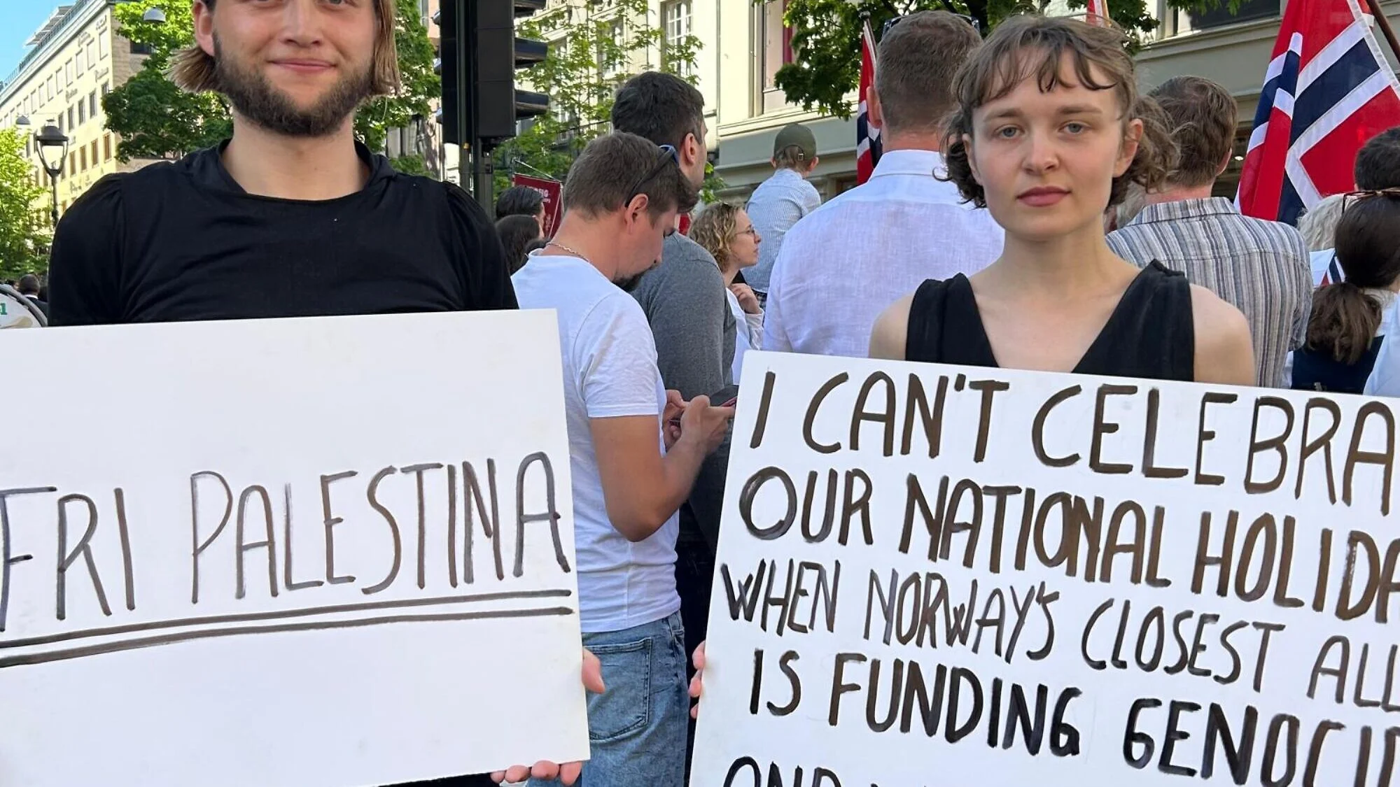 Anti-Israel activists in Oslo on Norwegian Constitution Day, May 17, 2024. Photo by Amelie Botbol.