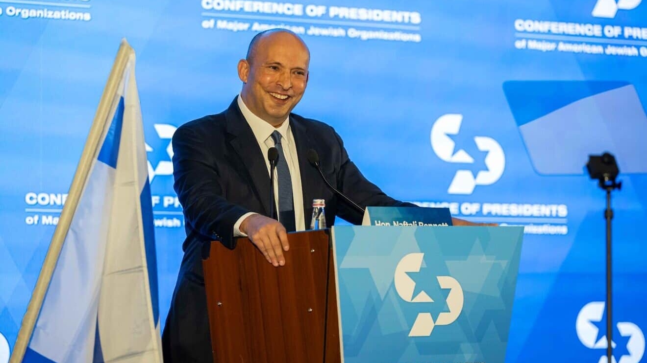 Former Israeli Prime Minister Naftali Bennett speaks at the Conference of Presidents gathering in Jerusalem, Feb. 17, 2026. Photo by Matt Kaminsky/JNS.