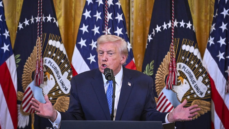 US President Donald Trump attends a Hanukkah reception in the East Room of the White House in Washington, DC, on December 16, 2025. Photo by Arie Leib Abrams/Flash90