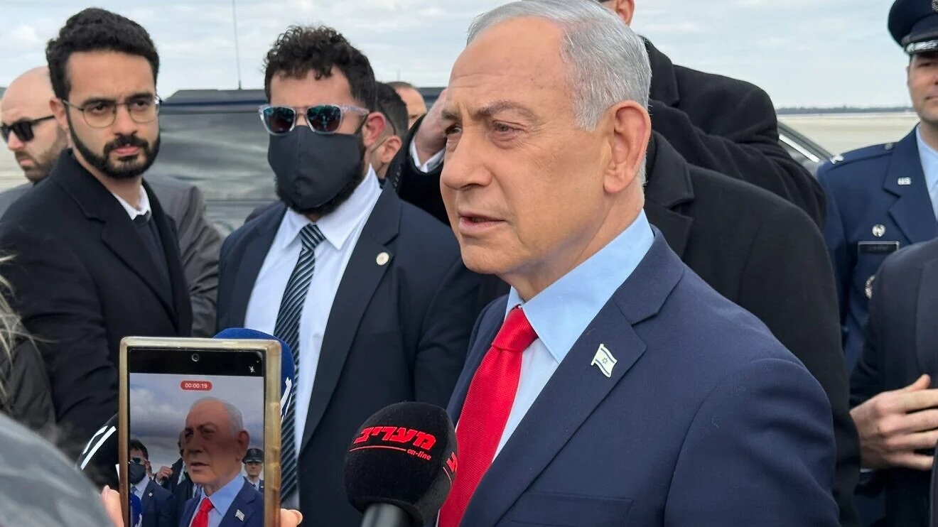 Israeli Prime Minister Benjamin Netanyahu speaks with reporters on the tarmac of Andrews Air Force Base in Prince George's County, Md., Feb. 12, 2026. Photo by Alex Traiman/JNS.