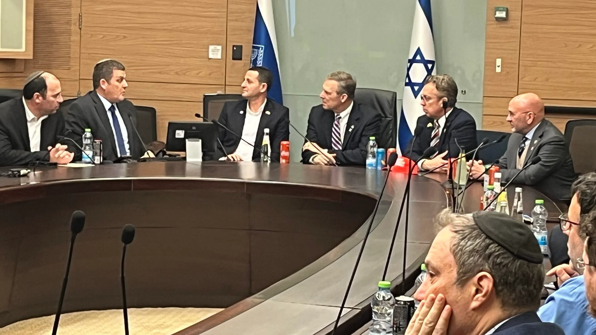 From left, MK Simcha Rothman, MK Amit Halevy, MK Ohad Tal, Rep. Scott Perry (R-Pa.), Rep. Andy Ogles (R-Tenn.) and Rep. Clay Higgins (R-La.) at the Knesset in Jerusalem on Feb. 18, 2026. Photo by Josh Hasten.