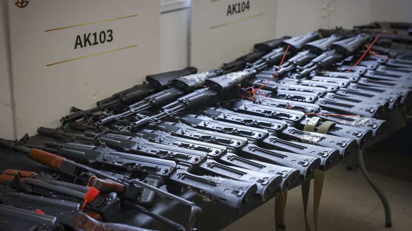 Combat equipment seized by the Israeli Defense Forces during the two-year war in Gaza, Lebanon and Syria, displayed at the Tzrifin military base near Rishon Letzion in central Israel, Dec. 30, 2025. Photo by Flash90.