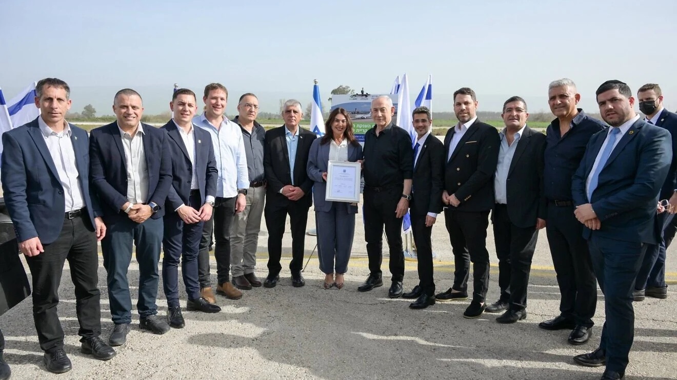 Benjamin Netanyahu, 8th from left, and Miri Regev meet with community leaders in Kiryat Shmona, Israel on Feb. 1, 2026,. Photo credit: GPO.