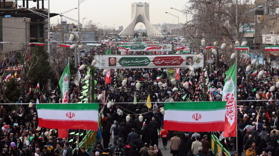 Forty-seven years after the Islamic Revolution, people gather in Tehran for state-organized celebrations. The annual rallies reflect the official historical narrative of the Islamic Republic. Photo: EPA/ABEDIN TAHERKENAREH