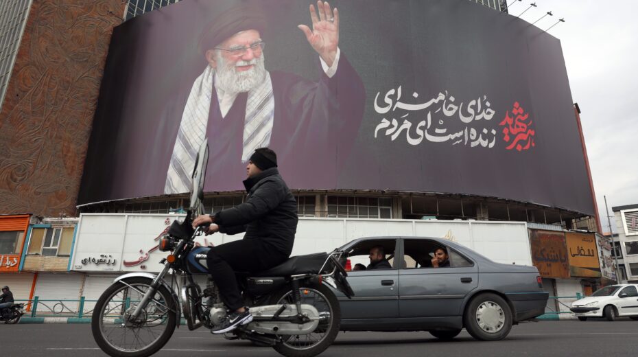 A large poster of Ayatollah Ali Khamenei in Valiasr Square in Tehran, photographed shortly after news of his death in an airstrike. Photo: Abedin Taherkenareh/EPA