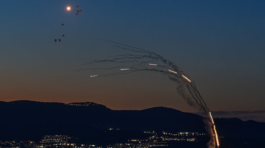 Air defense systems fire interceptor missiles at incoming ballistic missiles from Lebanon, photographed in northern Israel during the war with Iran and Hezbollah, March 16, 2026. Photo: Ayal Margolin/Flash90.