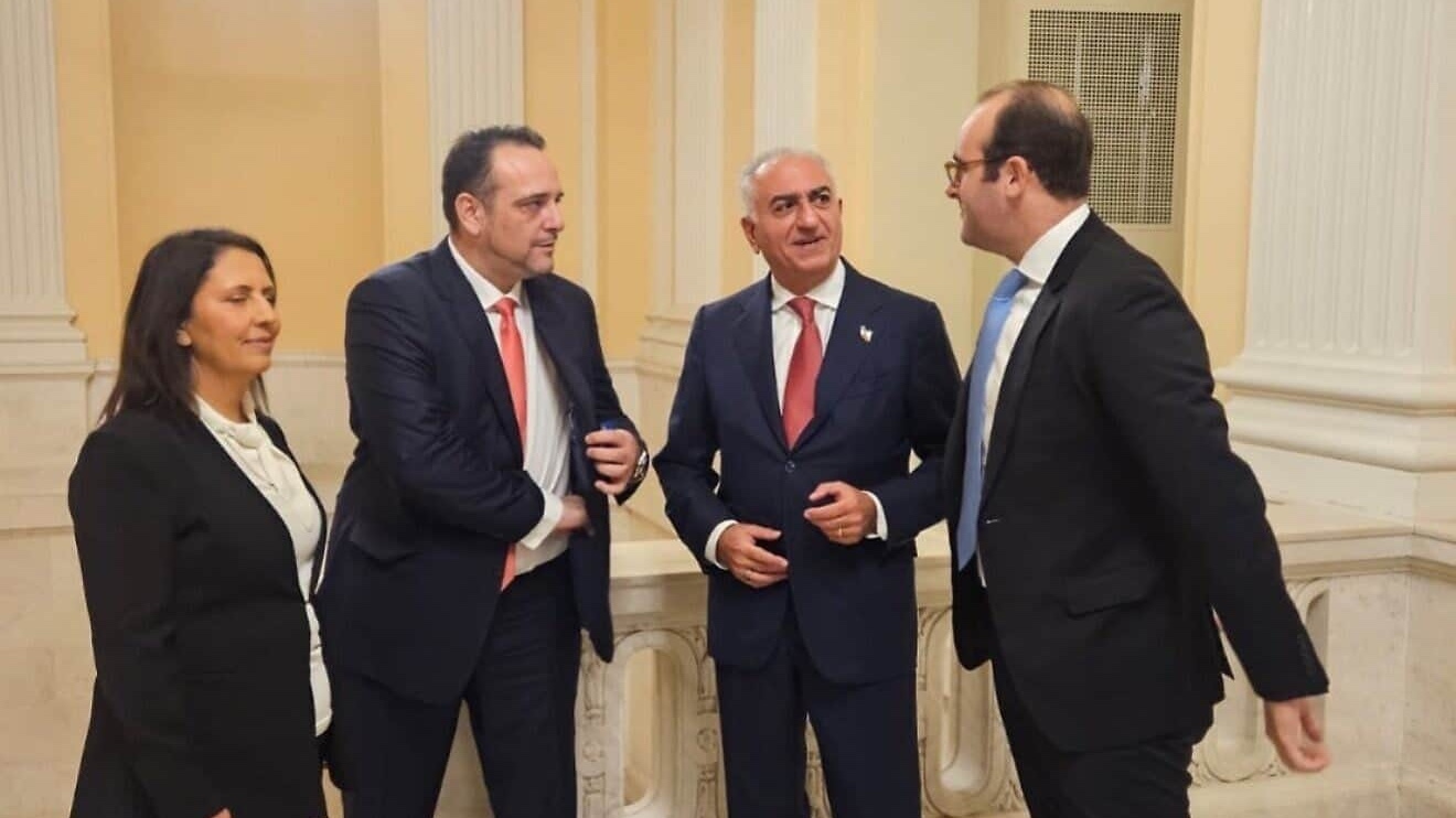 Iranian Crown Prince Reza Pahlavi (center) with Israeli Innovation, Science and Technology Minister Gila Gamliel and American lawmakers at an Israel Allies Foundation gathering on Capitol Hill in Washington, DC, Dec. 10, 2025. Credit: Courtesy.