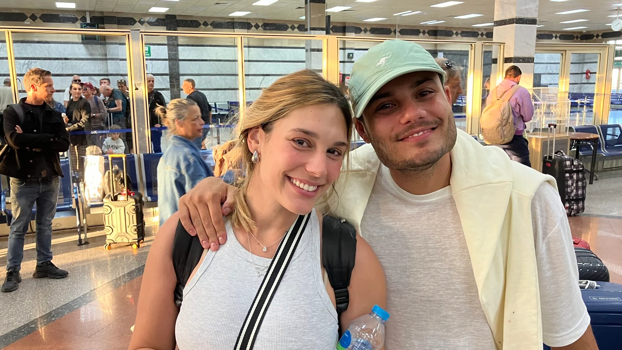 Israeli newlyweds Tohar and Amit Cohen who were stranded in Abu Dhabi on the way home from their honeymoon at the Taba International Airport, March 9, 2026. Credit: Courtesy.