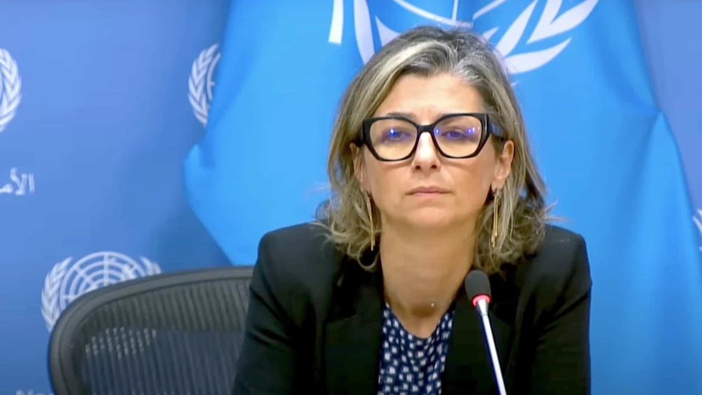 Francesca Albanese, UN special rapporteur on the so-called "occupied Palestinian territories," speaks at a UN press conference in October 2023. Source: YouTube/United Nations.