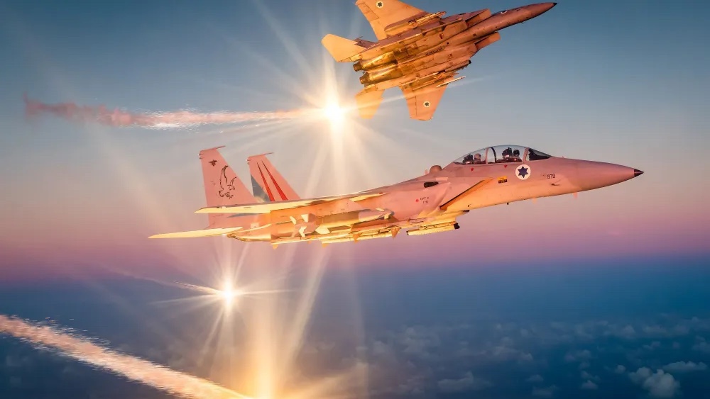 Two Israeli Air Force F-15 “Baz” fighter jets during operational activity. Credit: Israel Defense Forces.