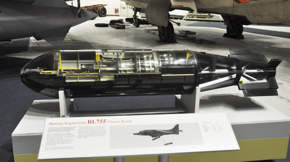 A BL 755 cluster bomb showing cutaway to interior at the Royal Air Force Museum London, July 17, 2014. Credit: The Land via Wikimedia Commons.