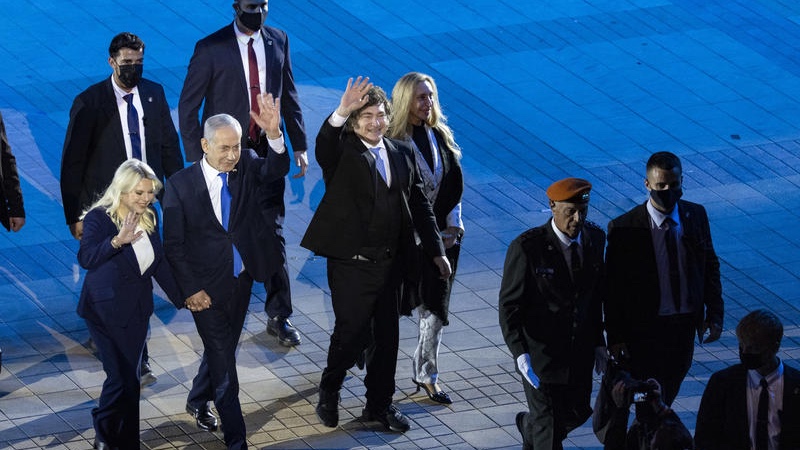 President of Argentina Javier Milei and Israeli Prime Minister Benjamin Netanyahu at the main rehearsal for the 78th Independence Day ceremony, held at Mount Herzl, Jerusalem, on April 19, 2026. Photo by Yonatan Sindel/Flash90