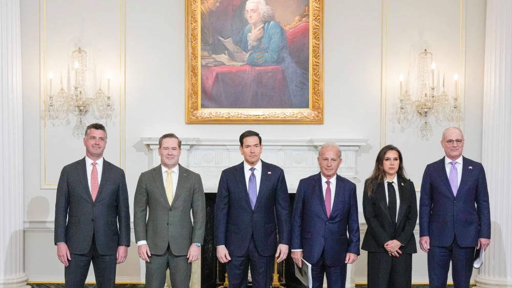 U.S. Secretary of State Marco Rubio joins working-level peace talks with (from left) State Department counselor Michael Needham, U.S. Ambassador to the United Nations Mike Waltz, U.S. Ambassador to Lebanon Michel Issa, Lebanese Ambassador to the United States Nada Hamadeh and Israeli Ambassador to the United States Yechiel Leiter at the Department of State in Washington, D.C., April 14, 2026. Credit: Freddie Everett/U.S. State Department.