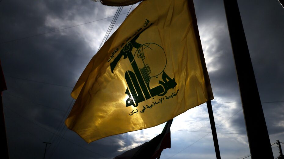 A Hezbollah flag outside the Iranian embassy in Beirut, Lebanon, on March 26, 2026. Hezbollah supporters were demonstrating against the government's decision to expel the Iranian ambassador from Lebanon. EPA/WAEL HAMZEH