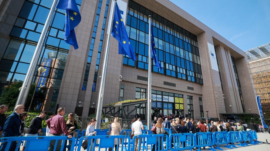 People outside the European Council in Brussels during the open day for Europe Day 2026. Photo: EPA/Olivier Hoslet
