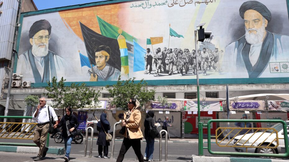 A poster in Tehran featuring images of former Iranian supreme leaders, May 9, 2026. Photo by EPA/ABEDIN TAHERKENAREH