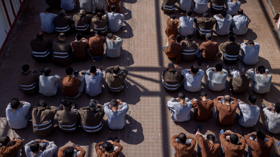 Hamas terrorists captured during the October 7 massacre and the IDF operation in the Gaza Strip, in the courtyard of a prison in southern Israel, February 14, 2024. Photo by Chaim Goldberg/Flash90