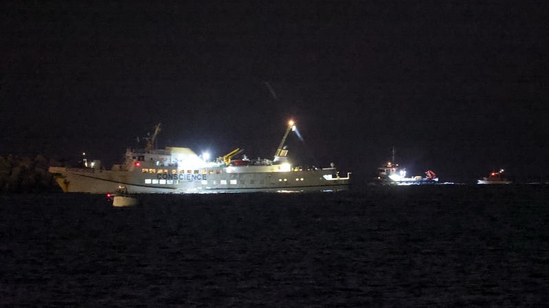 A vessel from the Freedom Flotilla Coalition aiming to deliver aid to Gaza, seen escorted by Israeli vessels into Ashdod Port, southern Israel, October 8, 2025. Photo by Jamal Awad/FLASH90